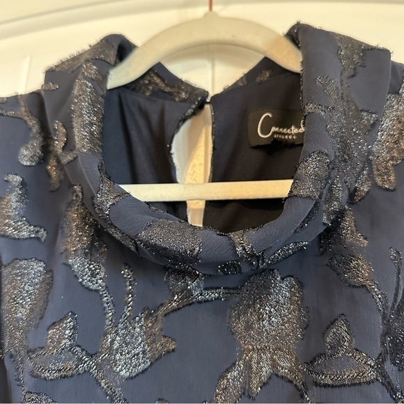 Navy blue embellished overlay sleeveless cowl neck shift dress, super flattering - Picture 2 of 10